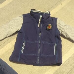 Navy Blue Zip-Up Vest with Grey Sleeves and Crest